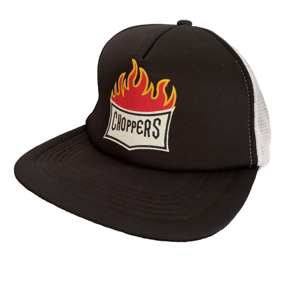 Vintage Choppers Flaming Trucker Hat Snapback White & Black Biker Y2K